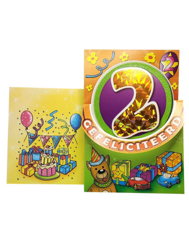 Tarjeta de cumpleaños con purpurina y número holográfico - 2 años - Perro