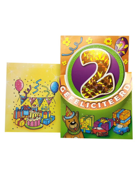 Carte d'anniversaire paillettes et chiffre holographique - 2 ans - Chien