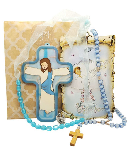 Pochette cadeau baptême bleue avec collier de dentition – 5 pièces