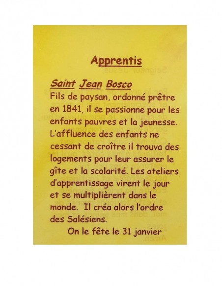 Carte de prière à votre Saint Patron - Apprentis