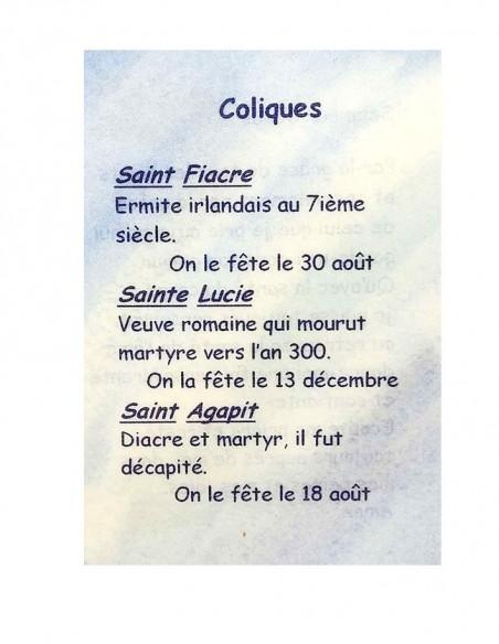 Carte de prière à votre Saint Patron - Coliques
