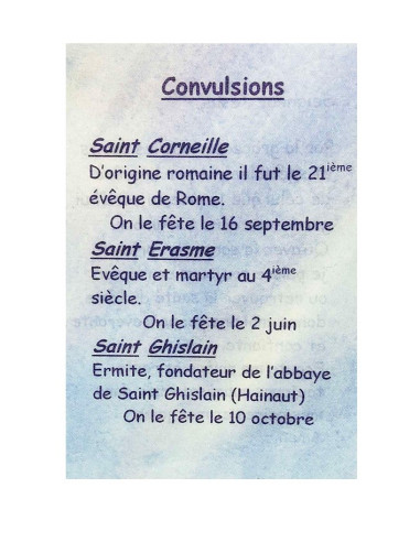 Convulsions prayer card – St Cornelius, St Erasmus and St Ghislain