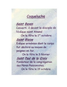 Carte de prière à votre Saint Patron - Coqueluche