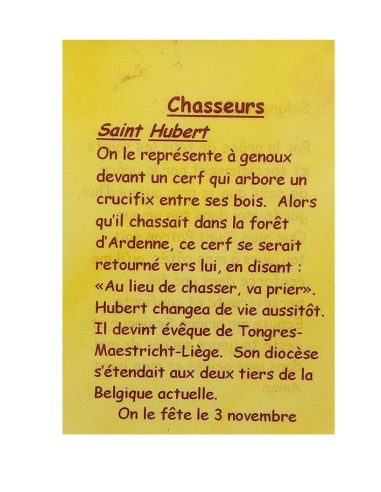 Carte de prière pour chasseurs – Saint Hubert – 7,5 × 10 cm