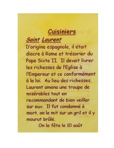 Carte de prière à votre Saint Patron - Cuisiniers