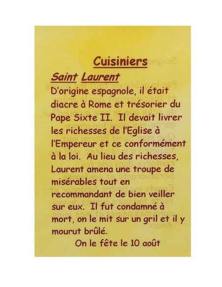 Tarjeta de oración Cocineros – San Lorenzo – 7,5 × 10 cm