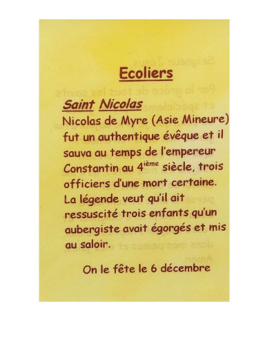 Carte de prière à votre Saint Patron - Ecoliers