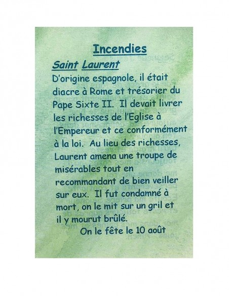 Tarjeta de oración a su santo patrón - Incendios