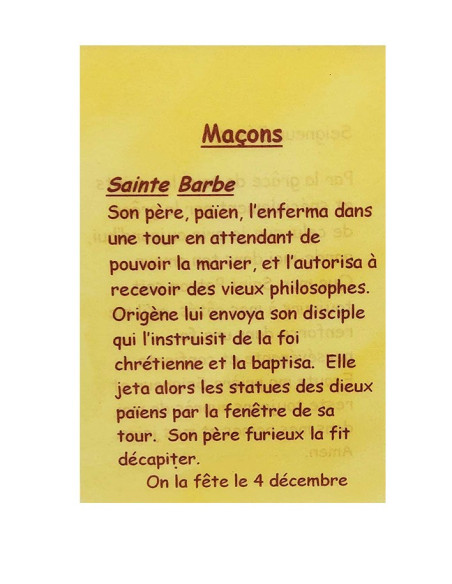 Bricklayers prayer card – St Barbara – French text