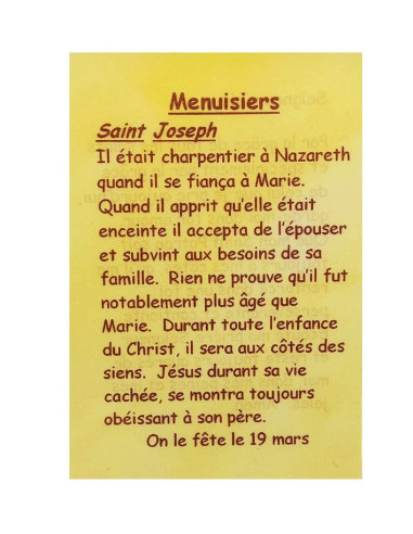 Carte de prière Menuisiers – Saint Joseph