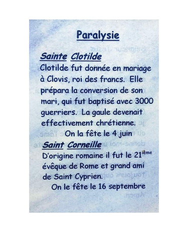 Carte de prière Paralysie – Sainte Clotilde et saint Corneille