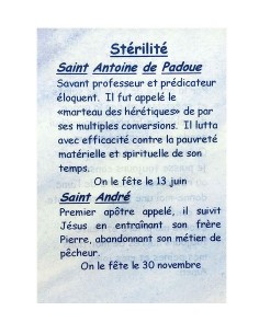 Carte de prière à votre Saint Patron - Stérilité