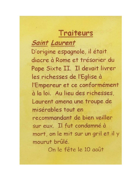 Carte de prière à votre Saint Patron - Traiteurs