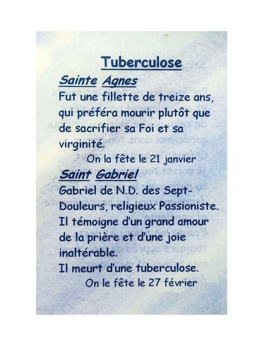 Gebedskaart Tuberculose – Heilige Agnes en Gabriël