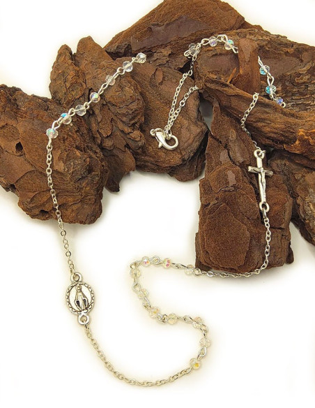 Silver-Plated Rosary Necklace & Miraculous Virgin Medal - White