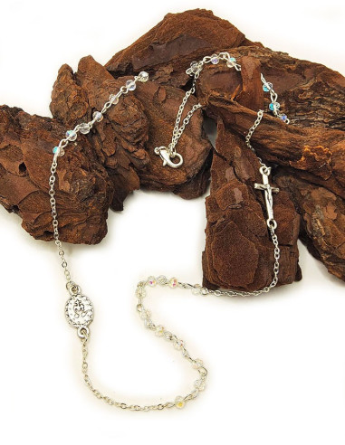Silver-Plated Rosary Necklace & Miraculous Virgin Medal - White
