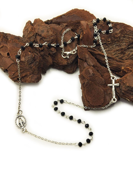 Rosario Plateado y Medalla de la Virgen Milagrosa - Negro