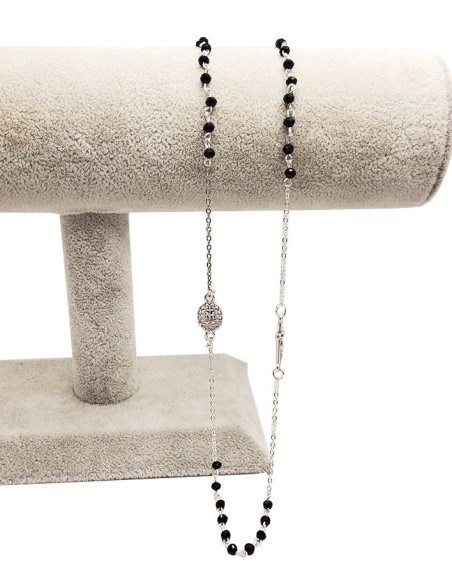Silver-Plated Rosary Necklace & Miraculous Virgin Medal - Black