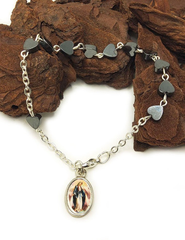 Bracciale rosario con cuori in hematite, Vergine Miracolosa e Angelo Custode