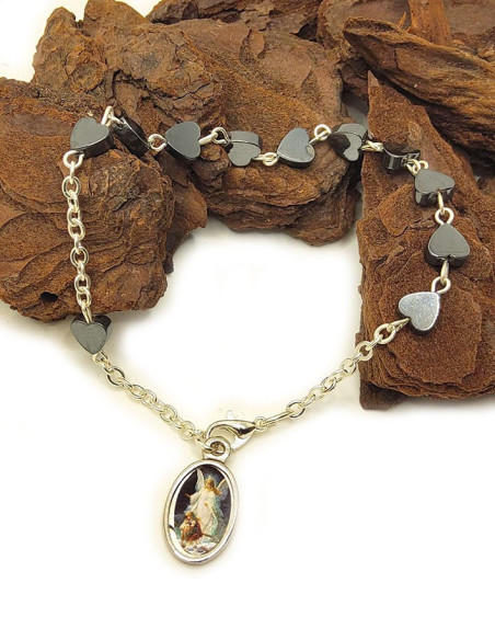 Hematite heart rosary bracelet with Miraculous Medal & Guardian Angel
