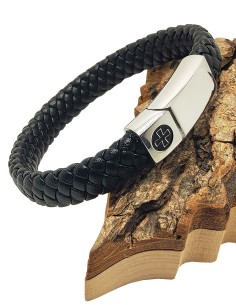 Bracelet cuir et métal inoxydable avec croix