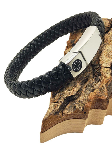 Pulsera de cuero y metal inoxidable con cruz