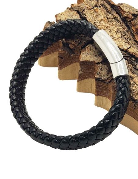 Bracelet cuir et métal inoxydable avec croix