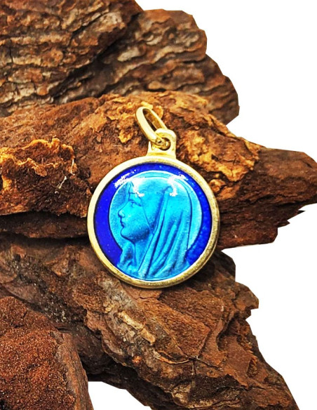 Medalla redonda de la Virgen de Lourdes en plata 925 esmaltada en azul