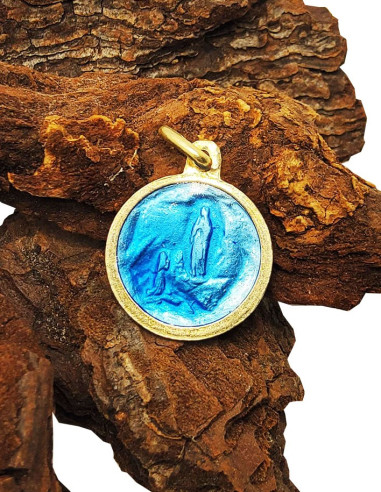 Ronde medaille van de Maagd van Lourdes in 925 zilver met blauw email