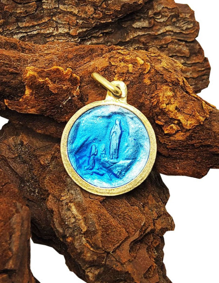 Medalla redonda de la Virgen de Lourdes en plata 925 esmaltada en azul