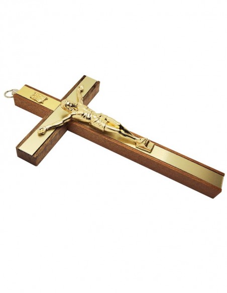 Croix murale en bois avec Christ et dorures - 15 cm