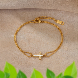 Bracelet double chaîne croix effet nacré – acier inoxydable plaqué or