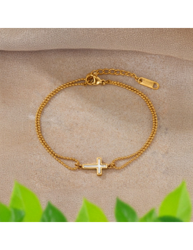 Pulsera doble cadena con cruz efecto nácar – acero inoxidable chapado en oro