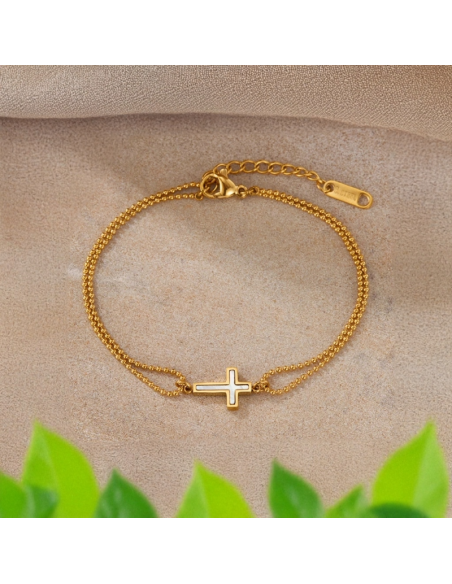 Pulsera doble cadena con cruz efecto nácar – acero inoxidable chapado en oro