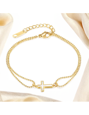 Bracelet double chaîne croix effet nacré – acier inoxydable plaqué or