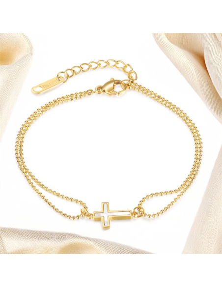 Doppelketten-Armband mit Perlmutt-Effekt-Kreuz – vergoldeter Edelstahl