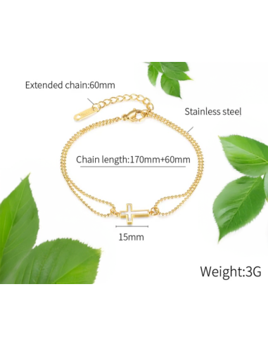 Bracelet double chaîne croix effet nacré – acier inoxydable plaqué or
