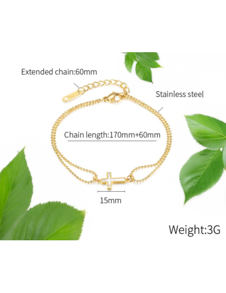 Dubbele-kettingarmband met parelmoereffect kruis – verguld staal