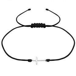 Pulsera de cordón negro ajustable con cruz de plata 925
