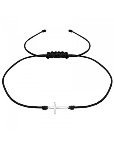 Pulsera de cordón negro ajustable con cruz de plata 925