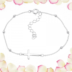 Armband met zijwaarts kruis van 925 zilver en bolletjesketting