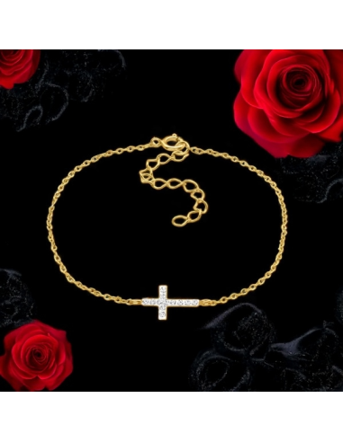 Gold Plated Silver Cross Bracelet with 12 Crystals