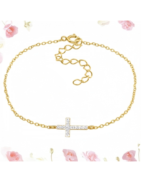 Bracciale croce con 12 cristalli – argento 925 placcato oro