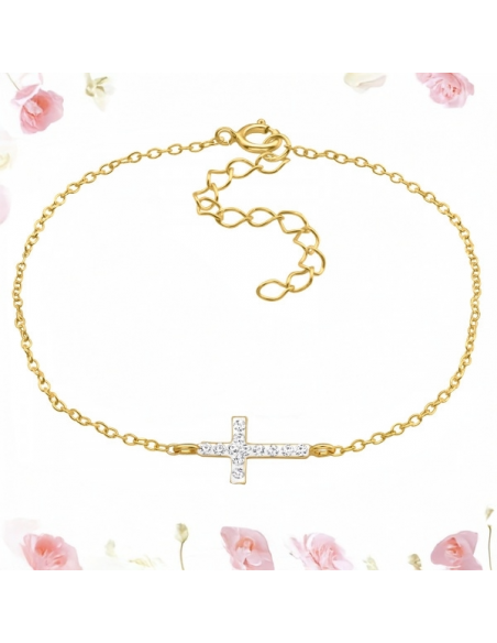 Bracelet croix argent 925 plaqué or avec 12 cristaux