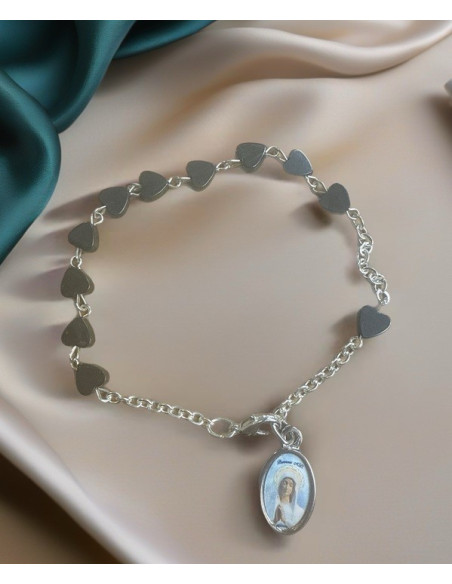 Bracelet dizainier cœurs en hématite – Vierge de Banneux