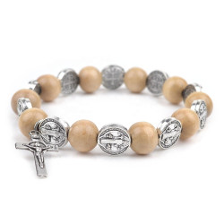 Bracelet Saint Benoît – Médailles et perles en bois naturel