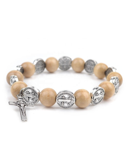 Bracelet Saint Benoît – Médailles et perles en bois naturel