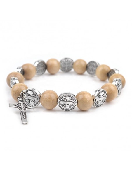 Bracelet Saint Benoît – Médailles & perles bois naturel