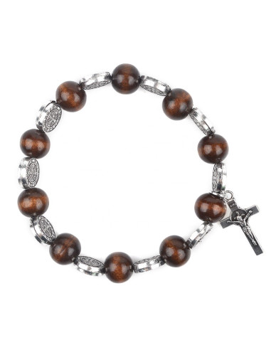 Bracciale San Benedetto in legno marrone con medaglie e crocifisso