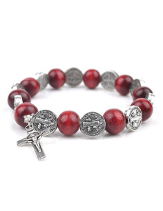 Bracciale San Benedetto – Medaglie & perle legno bordeaux 10 mm